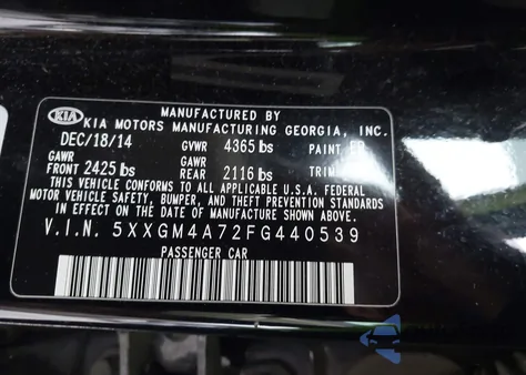 2015 Kia Optima Lx из США, поврежденный, VIN 5XXGM4A72FG440539